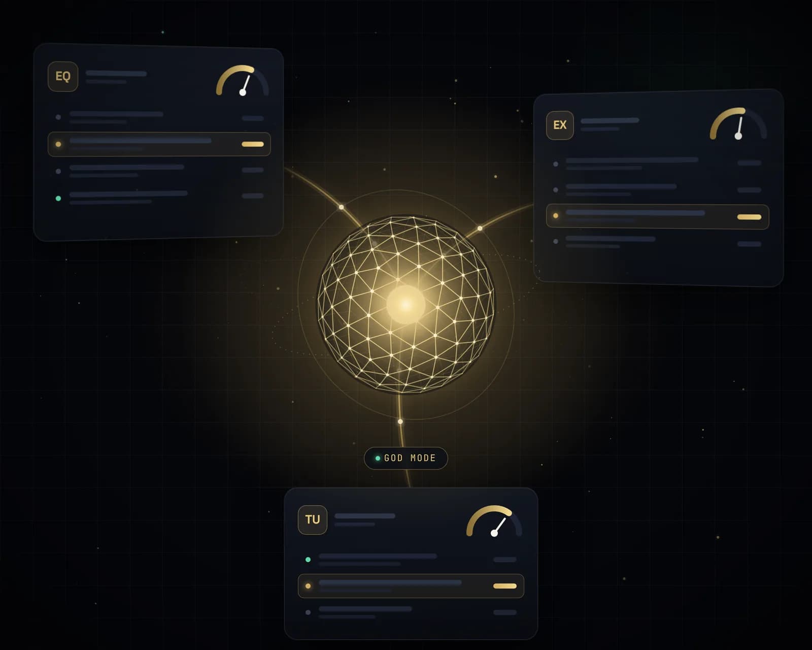 God Mode, the CreditGod AI, shown as a glowing gold core connected to three credit report panels labeled EQ, EX, and TU