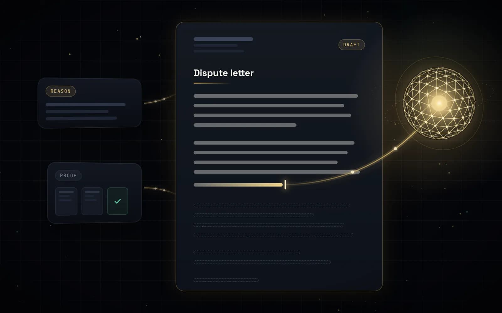 God Mode writing a dispute letter line by line, pulling from a dispute reason and attached proof documents