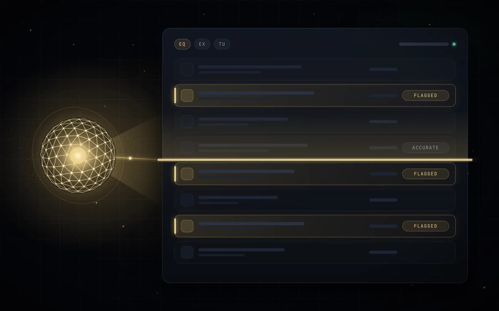 God Mode scanning a credit report: three tradelines marked Flagged in gold, one marked Accurate and left alone