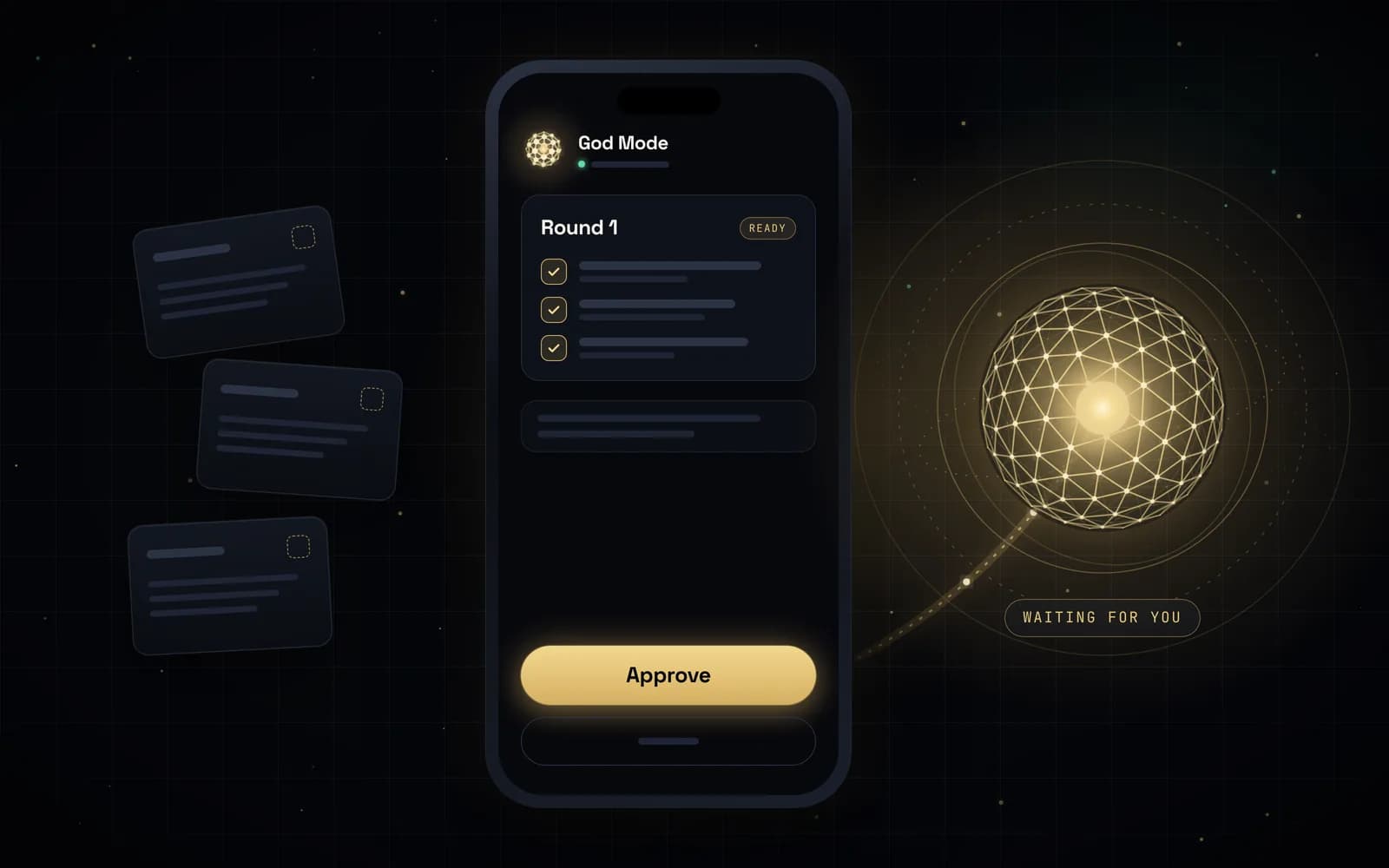 Phone screen showing God Mode with Round 1 ready and a gold Approve button while the AI waits for the member